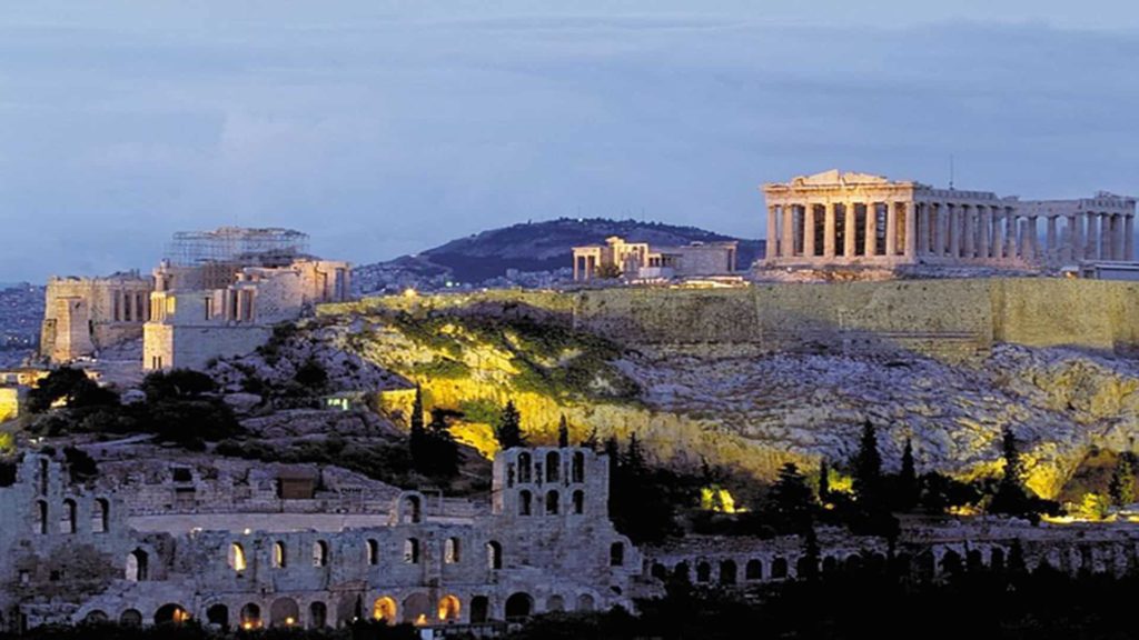 Die akropolis in Griechenland bei Dämmerung